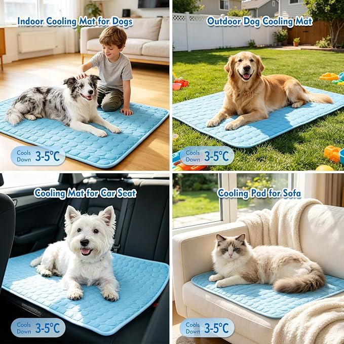 SOMOYA Cooling Mat for Dogs (Q-Max>0.4) Pet Cooling Pads Blanket Sleeping Kennel Mat,Ice Silk Cool Mat Pad Breathable Dog Bed Mats Beach for Large Dogs Cats (Blue, 27x39 in)