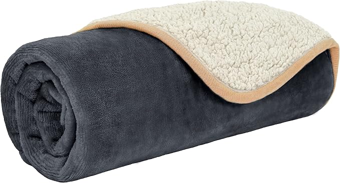 PETAMI Sherpa Fleece Waterproof CAT and Dog Blanket, Gray/Beige, Small