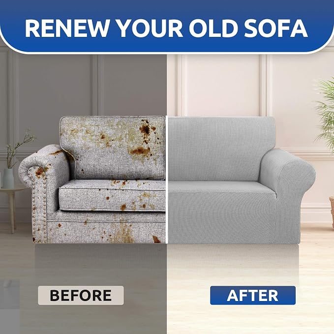 KEKUOU Stretch Loveseat Sofa Cover Slipcover,Couch Covers for 2 Cushion Couch Sofa (55"-78") Furniture Protector Sofa with Elastic Bottom for Kids,Dog. Jacquard Small Checked (Medium,Silver)