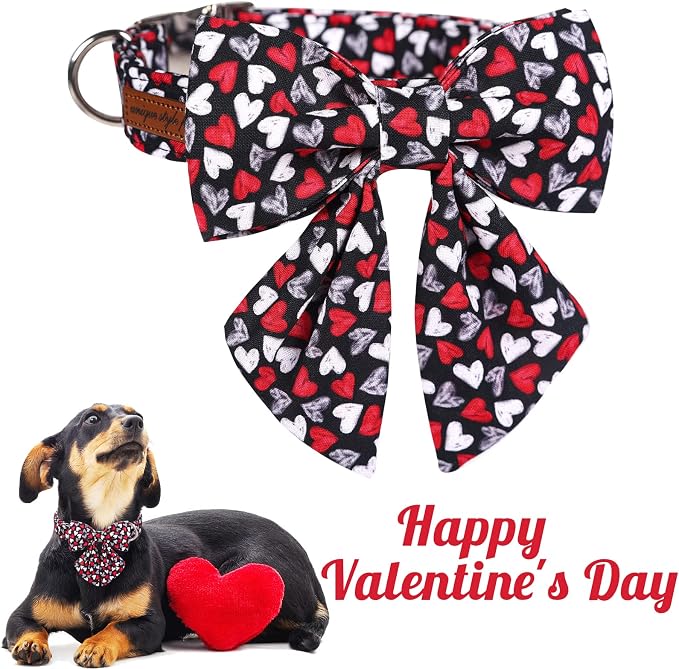 Unique style paws Valentine's Day Dog Collar with Tie Black & Red Heart Puppy Collar Best Gothic Style Gift for Small Medium Large Boys Girls-XL