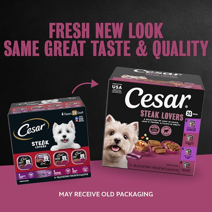 Cesar Adult Wet Dog Food Steak Lovers Variety Pack with Real Meat, 3.5 oz. Easy Peel Trays, 24 Count (Pack of 1)