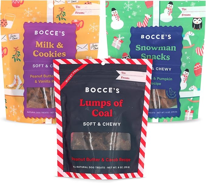 Bocce’s Bakery Holiday Soft & Chewy Bundle Dog Treats, All-Natural Wheat-Free Christmas Dog Treats, 6 oz (Pack of 3)