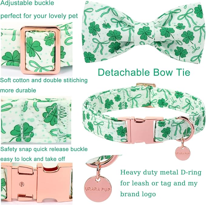 St. Patrick's Day Dog Collar with Bow Tie, Spring Shamrock Bowtie Collar for Girl Boy Dog, Lucky Clover Dog Collar with Metal Buckle, Green Collar for Dogs, XL