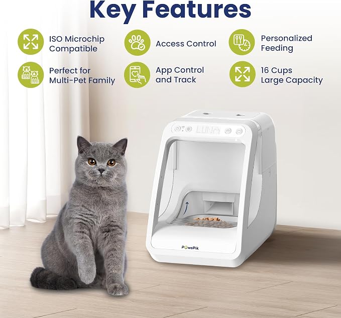 PawsPik Automatic Microchip RFID Cat Feeder,16-Cup, ISO Microchip & PawsPik RFID Tag Compatible, App Control, Portion Control