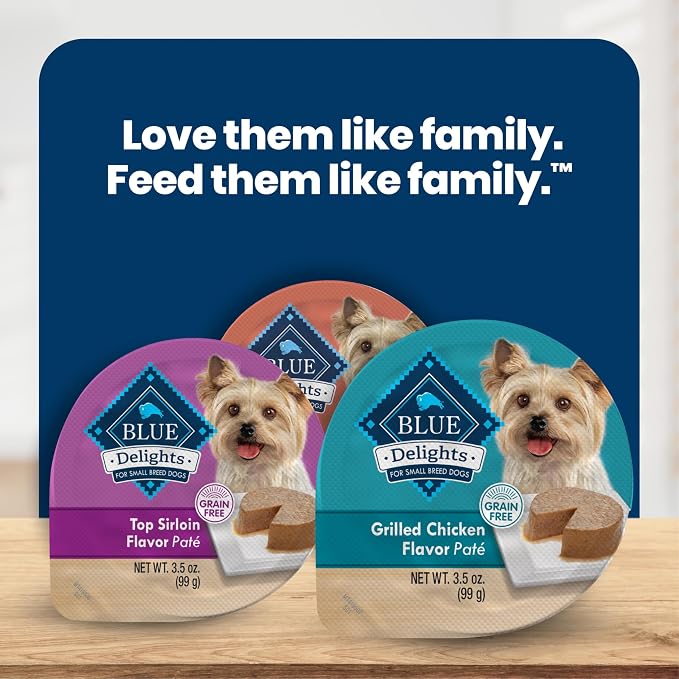 Blue Buffalo Delights Variety Pack Natural Grain Free Wet Dog Food for Small Breed Dogs (Top Sirloin Flavor Paté and Grilled Chicken Flavor Paté) with Natural Ingredients, 3.5-oz. Each (12 Cups)
