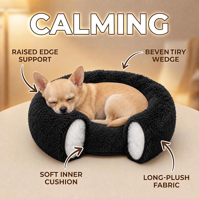 Tiny Dog Bed 15 Inch for Extra Small Dogs,Washable Puppy Bed,Soft Faux Fur Calming Donut Bed for Chihuahua Yorkie Maltese Pomeranian,Black
