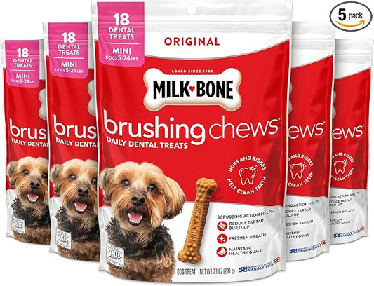 Milk-Bone Brushing Chews Original Chicken Flavor Daily Dental Dog Treats, Mini, 7.1 Oz. Bag (Pack of 5)