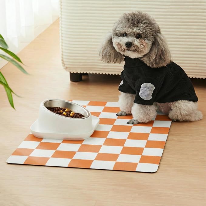 Checkered Dog Feeding Mat, Absorbent Mats for Dog Food and Water Bowl, Dispenser, Aesthetic Orange Checkerboard Pet Placemat for Dogs, Cats, Puppy Accessories 16 x 24