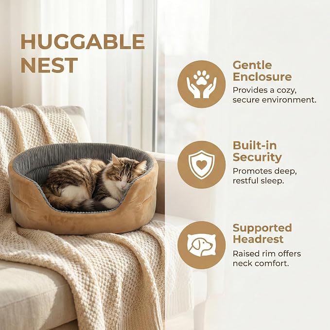 Small Dog Bed Cat Bed 16x20 Inch, Calming Pet Bed for Dogs & Cats, Machine Washable Dog Bed, Half-Enclosed Open-Top Velvet Anti-Anxiety Bed, Cozy Snuggle Bed (Camel)