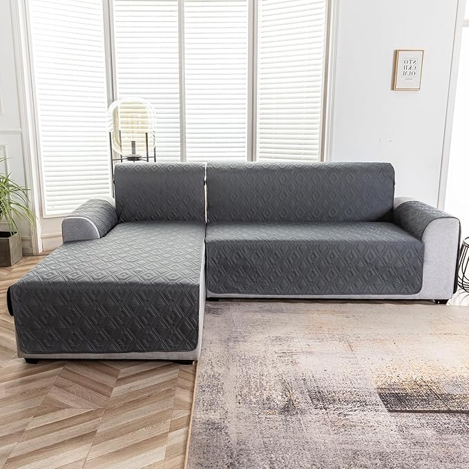 Genina 100% Waterproof Sectional Couch Covers for Dogs Reversible Couch Covers for Sectional Sofa L Shaped Sofa Slipcover Furniture Protectors Cover for Pets, Kids (Dark Gray, Large)