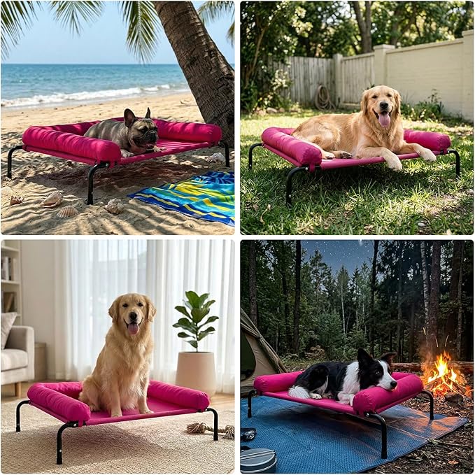Cooling Elevated Dog Bed for Large Dogs, Outdoor Raised Dog Beds Portable Dogs Cot Bed W/Breathable Mesh, Pet Cots W/Removable Waterproof Bolster