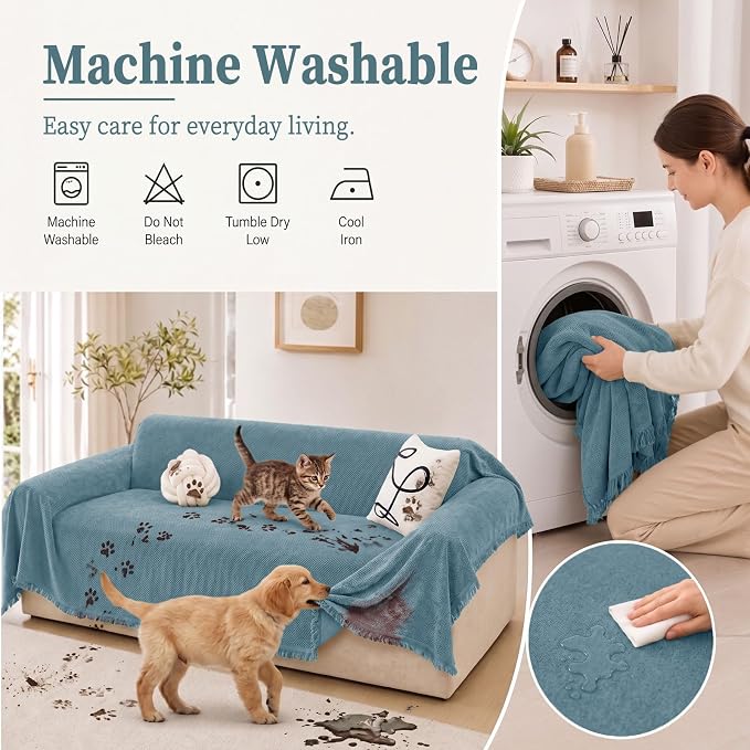 hyha Couch Cover for Dogs, Boho Sofa Covers for 3 Cushion Couch Washable, Chenille Sofa Slipcover for Pets, Soft Loveseat Sectional Couch Throw Blankets with Tassels (Blue, 88.5x134 Inch)