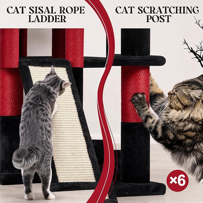 Globlazer Heavy Duty Gothic Cat Tree, 72in Large Cat Tower with Coffin Bed, Sturdy Maine Coon Cat Tree for Large Cats 20 lbs+, Medieval Castle Style with 6 Scratching Posts & Hammock, S72, Black & Red