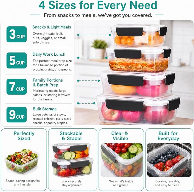 YORY 7 cup Plastic Food Storage Containers with Lids Nestable Freezer Dishwasher Safe Rectangle Meal Prep Container Set,5-Pack