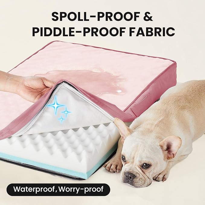 OhGeni Orthopedic Waterproof Dog Bed for Medium Dogs, Machine-Washable Removable Cover in Easy-Clean Fabric, Reversible Memory Foam & Easy-Carry Handle, Suitable for Crate, 30 inch (Pink)