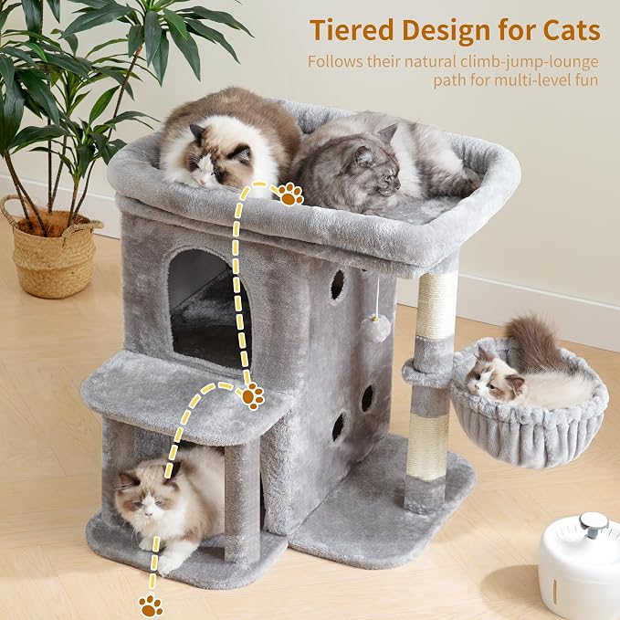 Heybly Cat Tree, 26.3-inch Cat Tower with Spacious Top Perch for Large Cats, Stair-Style Cat House Furniture with Dual-Layer Condos, Sisal Scratching Posts, Cozy Basket & Pompom, Light Gray HCT204SW
