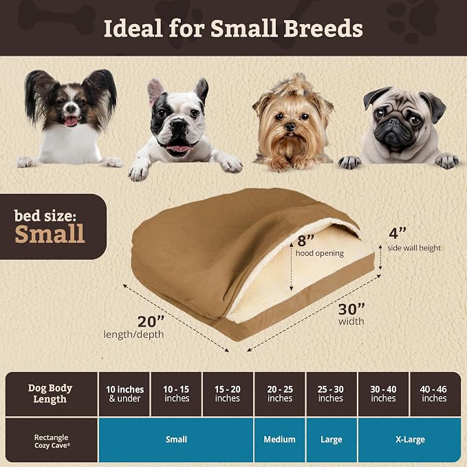 Snoozer Rectangle Cozy Cave Dog Bed - Indoor Dog Bed with Cover Cave, Covered Calming Burrow for Small Sized Pets with Blanket Attached, Enclosed, Washable Cover - Small, Camel