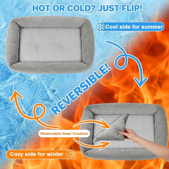 Cooling Dog Bed for Large Dogs - Removable Inner Cushion & Reversible Design (Ice‑Silk Cooling Layer | Sherpa Fleece Layer), Non‑Slip Bottom Washable Medium Mat for Crates, Beds, Sofas 24" × 15"