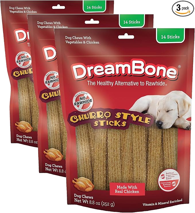 DreamBone Churro-Style Dog Sticks, Treat Your Dog to a Chew Made with Real Chicken 14 Count (Pack of 3)