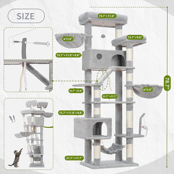 Gitelsnour Cat Tree for Large Cats, 78.7"(200cm) Tall Cat Tower for Indoor Cats Multiple Cats with Large Top Perch, Cat Condo, Cat Hammcok, Cat Scratching Post, Light Gray GCT031W