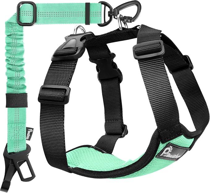 Pawaboo Dog Seat Belt Harness for Car, Dog Car Harness Seatbelt with Double Clips, Adjustable Breathable Pet Vest & Dogs Safety Tether with Elastic Bungee for Small Medium Large Pet, M, Blue + Black
