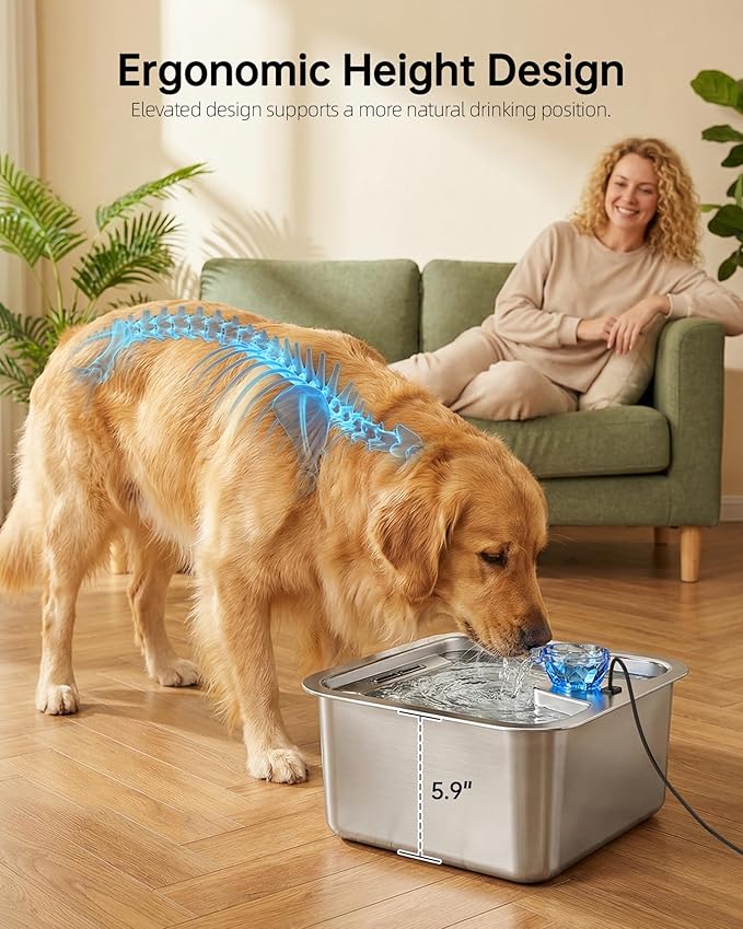 3Gal Large Dog Water Fountain Dispenser, 11L Stainless Steel Pet Fountain with 6 Filters, Ultra Quiet Automatic Dog Water Bowl Dispenser for Large & Multi-pet, Wide Drinking Area, Easy to Clean
