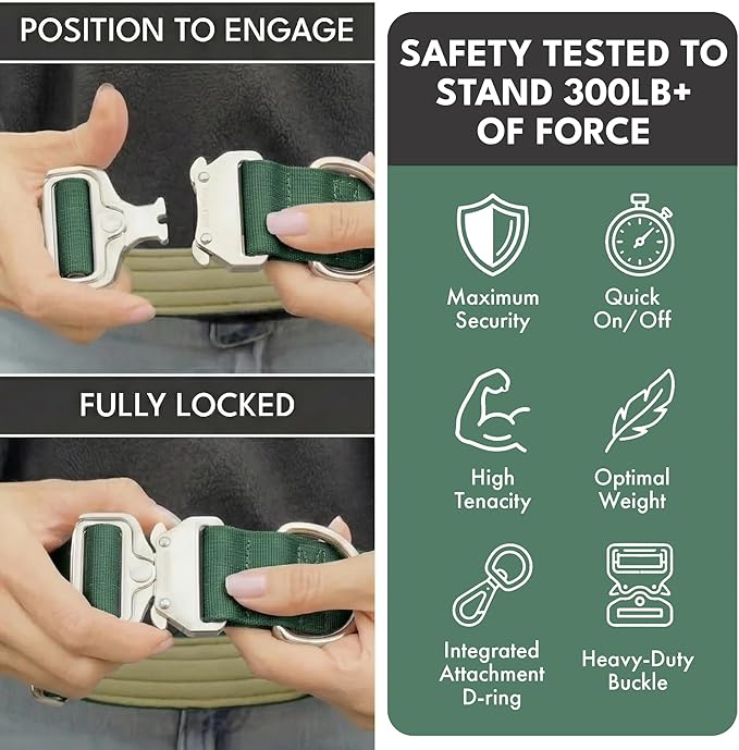 Spark Paws Tactical Dog Collar - Heavy Duty, Premium Quality, Thick and Durable for Large and Medium Dogs - Solid Green - L
