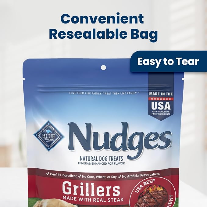 Blue Buffalo Nudges Steak Grillers Natural Dog Treats, Meaty Dog Snacks, Healthy Reward or Training Treat, Made in the USA with Real Beef, No Artificial Preservatives, 10 oz.