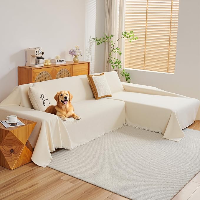 Couch Cover for Sectional Sofa, 2 PCS Sectional Couch Covers for L Shape Sofa Cover, Furniture Blanket for Pets, L Shaped Couch Cover, Sofa Slipcover for 3-4 Cushion Couch (71"x118"+91"x134", Beige)