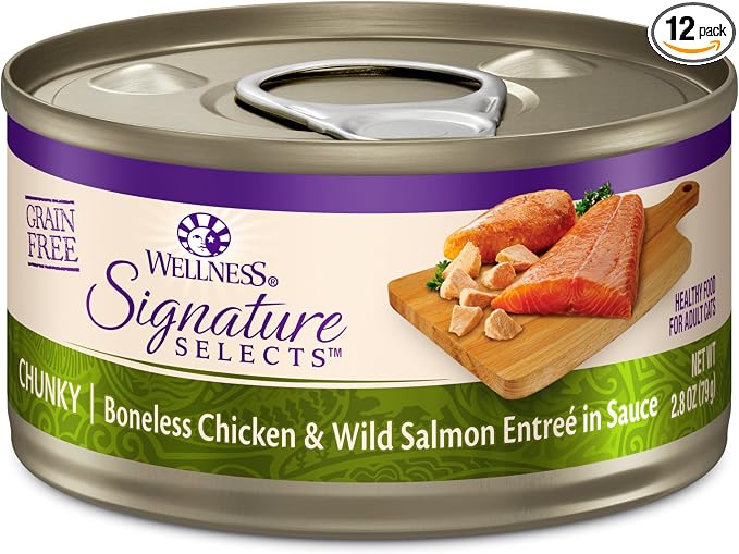 Wellness CORE Signature Selects Chunky Adult Canned Wet Cat Food, Natural, Protein Rich, Grain Free, Chicken and Wild Salmon Entrée Recipe, 2.8 oz, Pack of 12 Cans