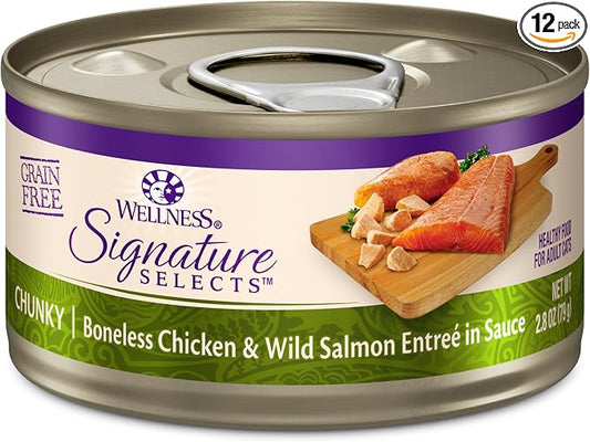Wellness CORE Signature Selects Chunky Adult Canned Wet Cat Food, Natural, Protein Rich, Grain Free, Chicken and Wild Salmon Entrée Recipe, 2.8 oz, Pack of 12 Cans