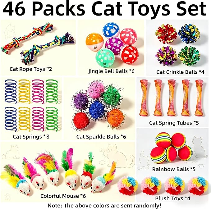 46 PCS Cat Toys for Indoor Cats, Kitten Toys with Cat Spring Toy, Mint Catnip with Crinkle Mouse Ball for Indoor Cats Kittens Exercise