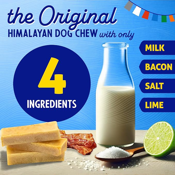 Himalayan Dog Chew Bacon Yak Cheese Dog Chews, The Better-for-You Chew, 100% Natural Long Lasting, Healthy Dog Treats, Lactose & Grain Free, Protein Rich, for Dogs 65 Lbs & Smaller, 4-Count