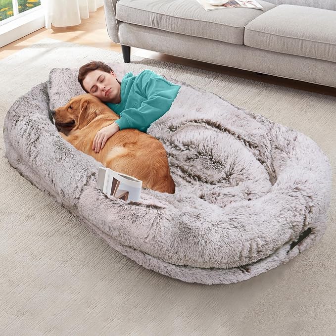 YAEM Human Dog Bed for Adult and Pets - 71"x45"x12" Dogs Beds for Humans with Washable Faux Fur Cover, Plump Pillow, Blanket, Orthopedic Design, Strap-RustWhite