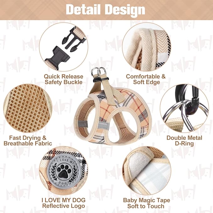 BEAUTYZOO Small Dog Harness and Leash Set,Step in No Choke No Pull Soft Mesh Dog Harnesses Reflective for Extra Small Medium Puppy Dogs and Cats, Plaid Dog Vest Harness for XS S Pets, Beige S