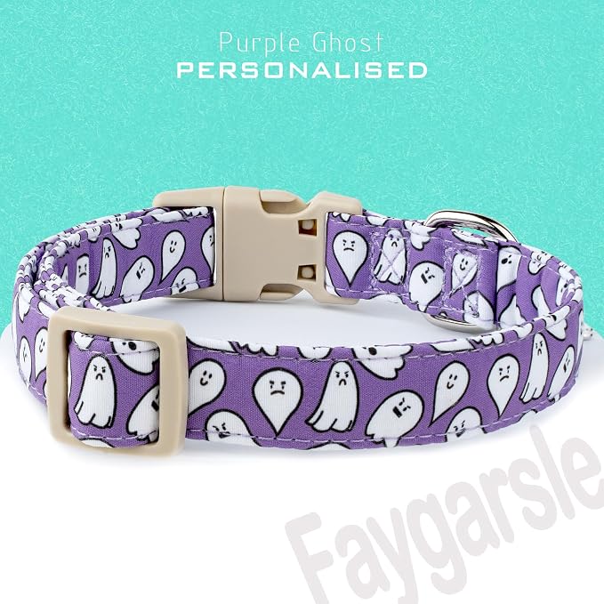 Faygarsle Halloween Dog Collar with Charm, Purple with Ghost Pattern, for Small Medium Large Dogs M