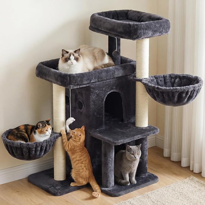 Heybly Cat Tree with Reinforced Big Base, 41.3-Inch Sturdy Cat Tower for Indoor Cats Featuring 2 Roomy Platforms, Double Cat Condo, 2 Cozy Baskets, Full Sisal Scratching Posts, Smoky Gray HCT075G