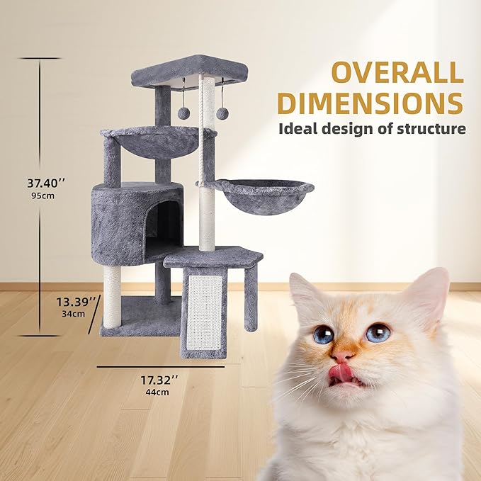 3-Tier Cat Tree with 2 Hammocks & Condo, Grey | Multi-Level Indoor Cat Tower with Natural Sisal Scratching Posts, Rope Ladder, Replaceable Hanging Balls | Sturdy Cat Furniture for Kittens & Adult Cats