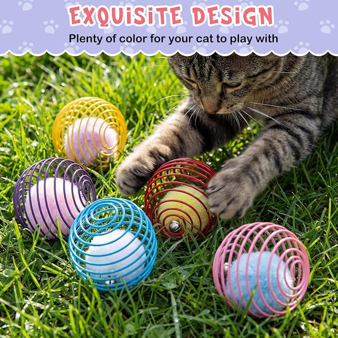 Jecery 5 Pcs Cat Spring Toys Stretchable Rolling Balls Colorful Playful Coils Interactive Action Toy Caged Rats for Kitten Pet Supplies (Pom-pom with Bell,Multicolor)