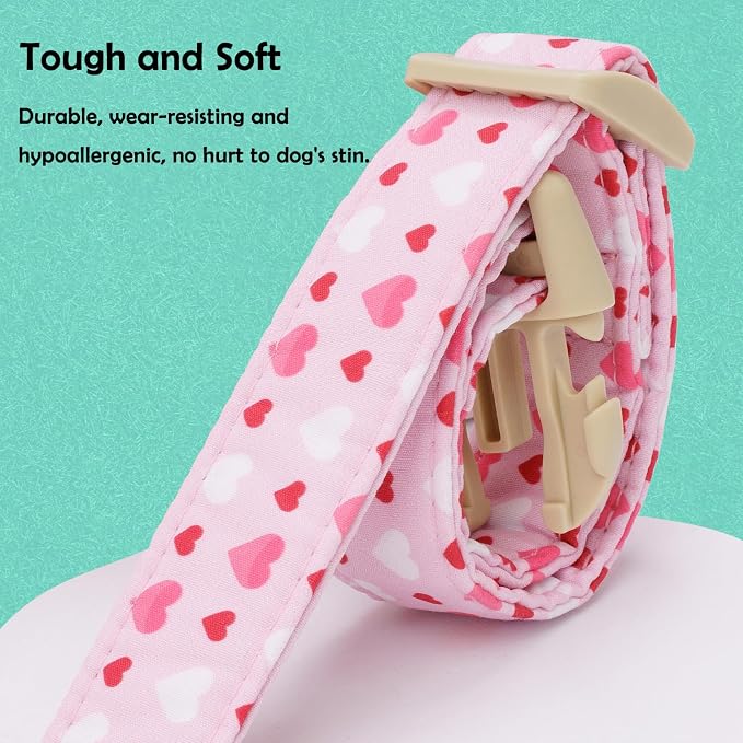 Faygarsle Valentine's Day Dog Collar, Pink with Red and White Hearts Pattern, Adjustable with Quick-Release Buckle and Heart Charm L