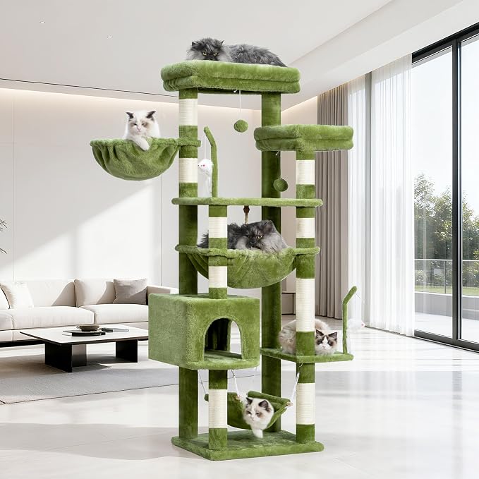 Gitelsnour Cat Tree, Cat Tower for Large Cats with 2 Big Platforms, 2 Baskets, condo and Toys, 63" Cat Scratching Posts for Indoor Cats, Green GCT020GR