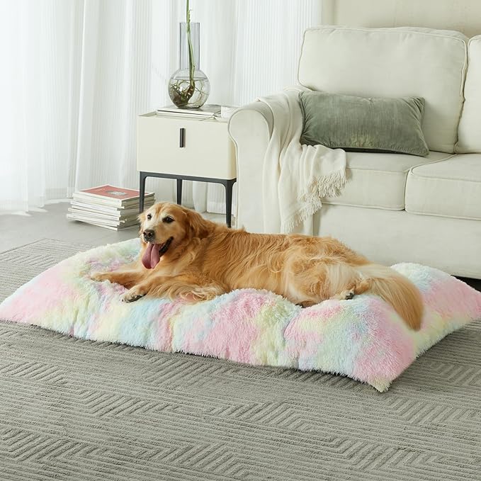 BFPETHOME Dog beds for Large Dogs, Plush Crate Bed with Fluffy Cozy Kennel pad, Washable Mats with Anti-Slip Bottom for Large Dogs, 41"x27", Rainbow