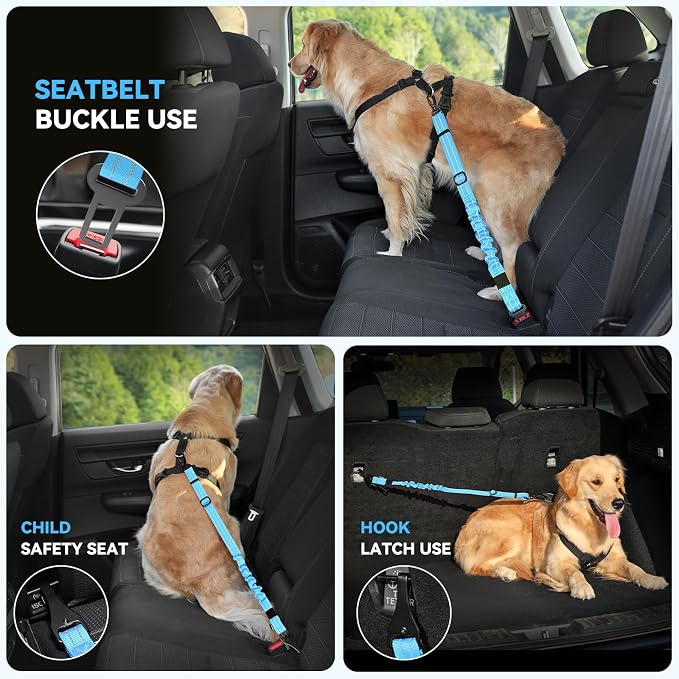 Pawaboo 2Pack 3-in-1 Dog Seatbelt for Car, Shockproof Bungee Dog Tether with 360° Lockable Buckle & Hook Latch, Adjustable Reflective Pet Safety Harness Leash for Vehicle, Black+Blue