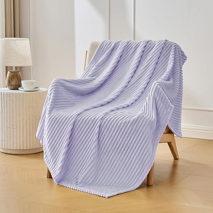 Bnuitland Fleece Throw Blanket for Couch, 300GSM Soft Warm Cozy Fluffy Throw for Adults & Kids, Stripe Pattern, All Season Sofa Bed Blanket for Home Decor, Light Purple 50"x70"