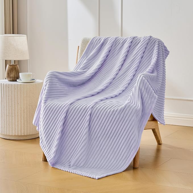 Bnuitland Fleece Throw Blanket for Couch, 300GSM Soft Warm Cozy Fluffy Throw for Adults & Kids, Stripe Pattern, All Season Sofa Bed Blanket for Home Decor, Light Purple 50"x60"