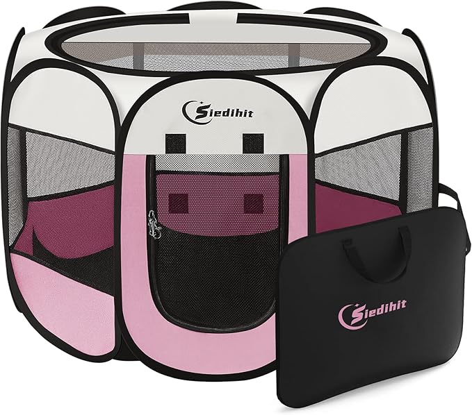 Siedihit Pink Puppy Playpen for Middle Dog Cat, Dog Tent Crates Cage Indoor/Outdoor, Portable Pop Up Dog Kennel with Carrying Bag for Rabbits, (Pink, Medium)