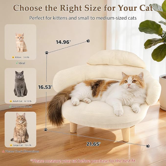 Cat Sofa Furniture-Style Pet Bed with Removable Cotton Velvet Cover, Solid Pine Wood Legs, for Cats and Small Dogs, White