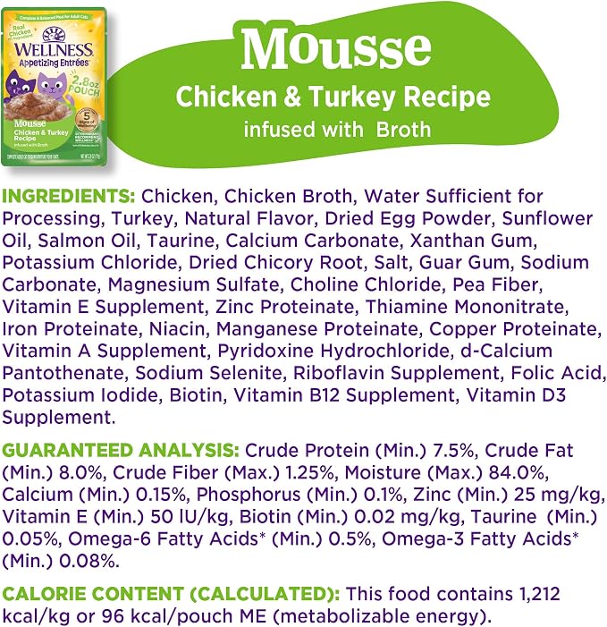 Wellness Appetizing Mousse Flaked Adult Wet Cat Food, Natural, Protein Rich, Grain Free, Chicken and Turkey Recipe, 2.8 oz, Pack of 8 Pouches