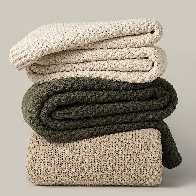 EVERGRACEHOME Chunky Polyester Knit Throw Blanket for Couch, Soft Luxurious Oversized King Moss Stitch Blanket for Bed, Large Cozy Farmhouse Knitted Throw for Sofa, Olive Green, 92" x 108"