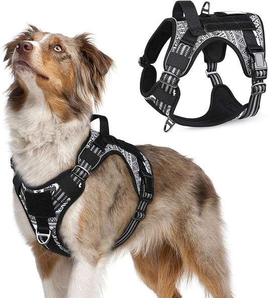 rabbitgoo Tactical Dog Harness for Large Dogs, No Pull Military Service Vest with Handle & Molle, Easy Control for Training Walking, Adjustable Reflective Straps, Black & White Geometric, M